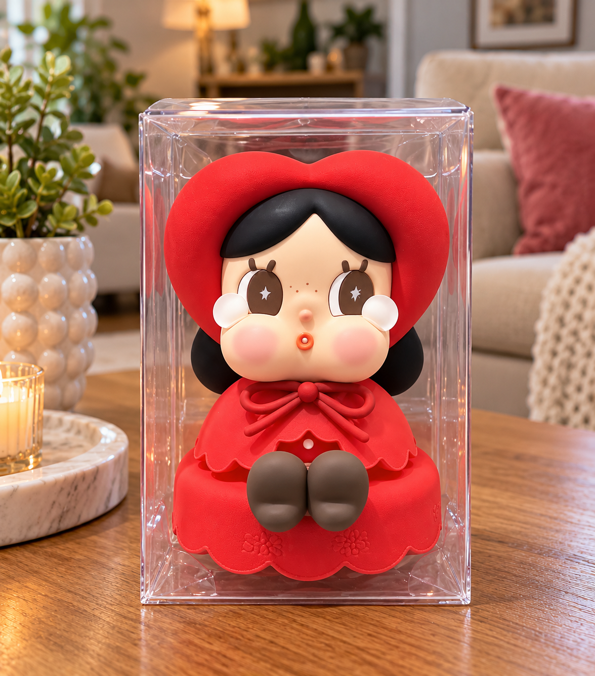 Rare Pop Mart × SK-II Crybaby limited edition collector's figure featuring a red heart-shaped bonnet, matching red outfit and signature teary eyes, displayed in a clear presentation case.