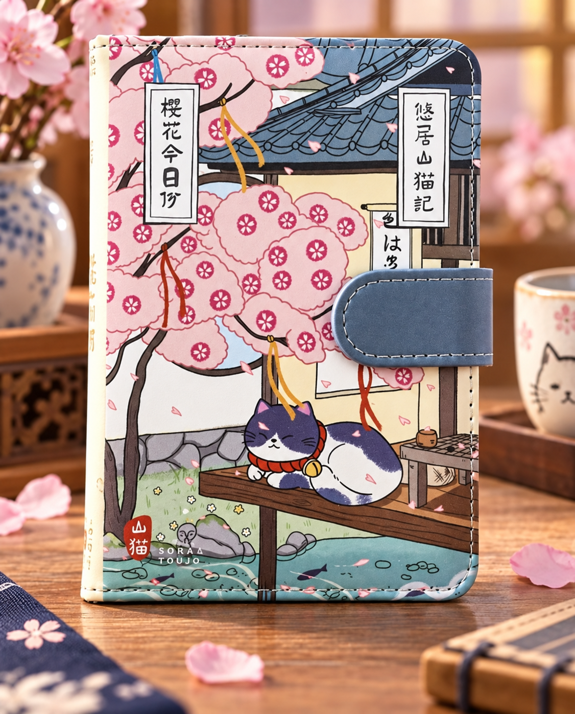 MUROO Shanmao Sakura Cat magnetic notebook with pink cherry blossom artwork and blue-grey clasp