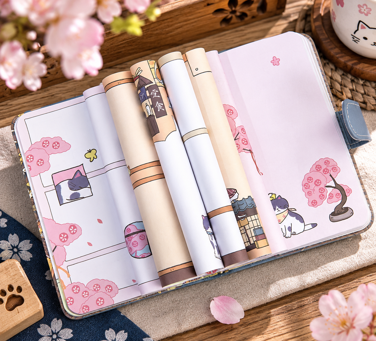 MUROO Sakura Cat notebook opened to colourful illustrated pages featuring cats, cherry blossom and Japanese scenery