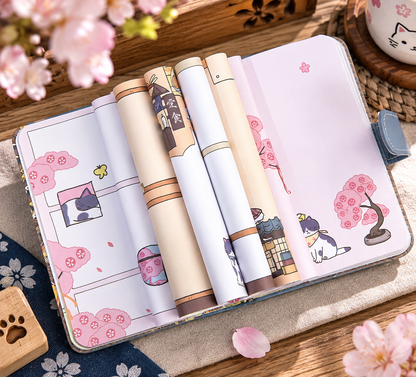 MUROO Sakura Cat notebook opened to colourful illustrated pages featuring cats, cherry blossom and Japanese scenery