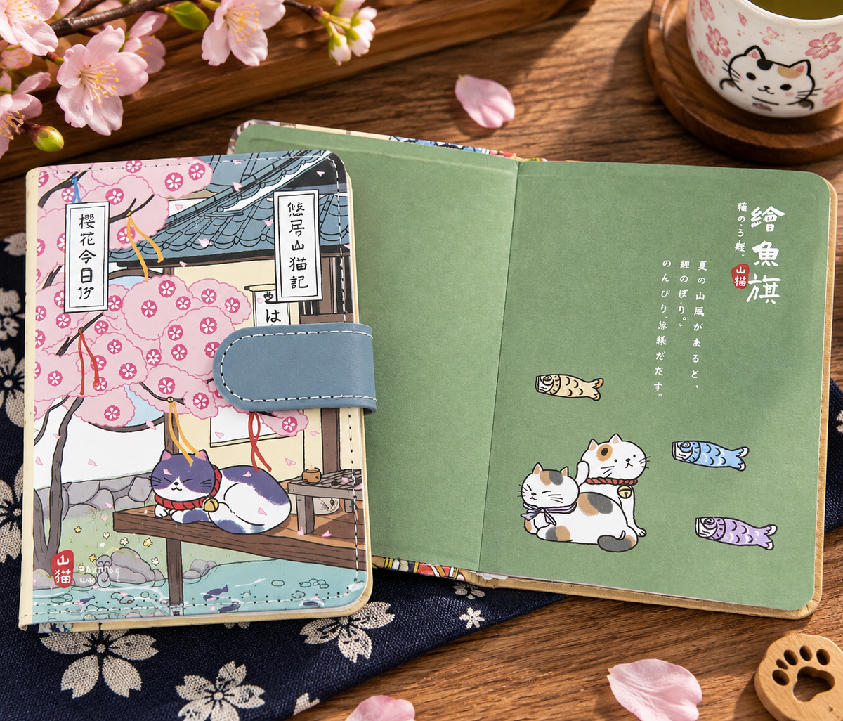 MUROO Shanmao Sakura Cat notebook beside open green illustrated inside cover with cats and colourful fish flags