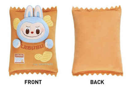 Front and back views of POP MART THE MONSTERS Labubu Wacky Mart Pillow Chips plush cushion