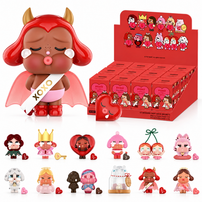 Pop Mart CRYBABY Crying For Love Series mystery blind box collection showing the available character designs and red retail packaging.