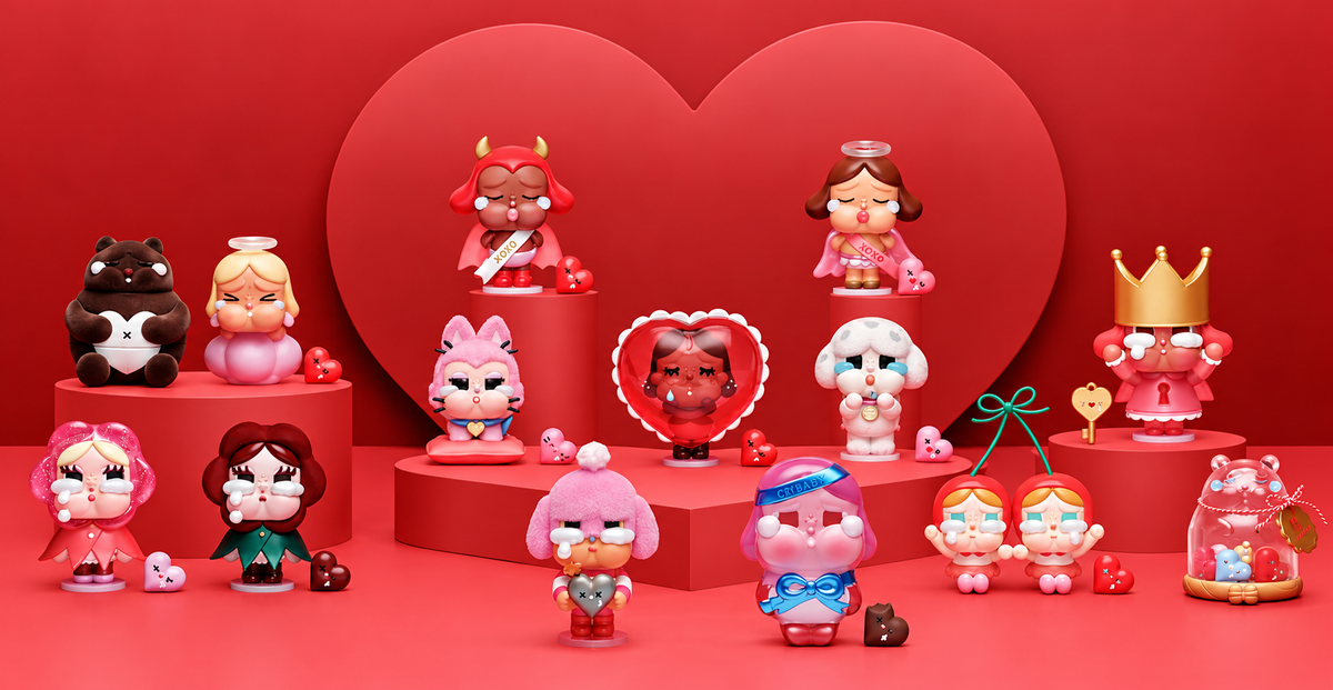Pop Mart CRYBABY Crying For Love Series collectible figures displayed against a red Valentine's heart background.