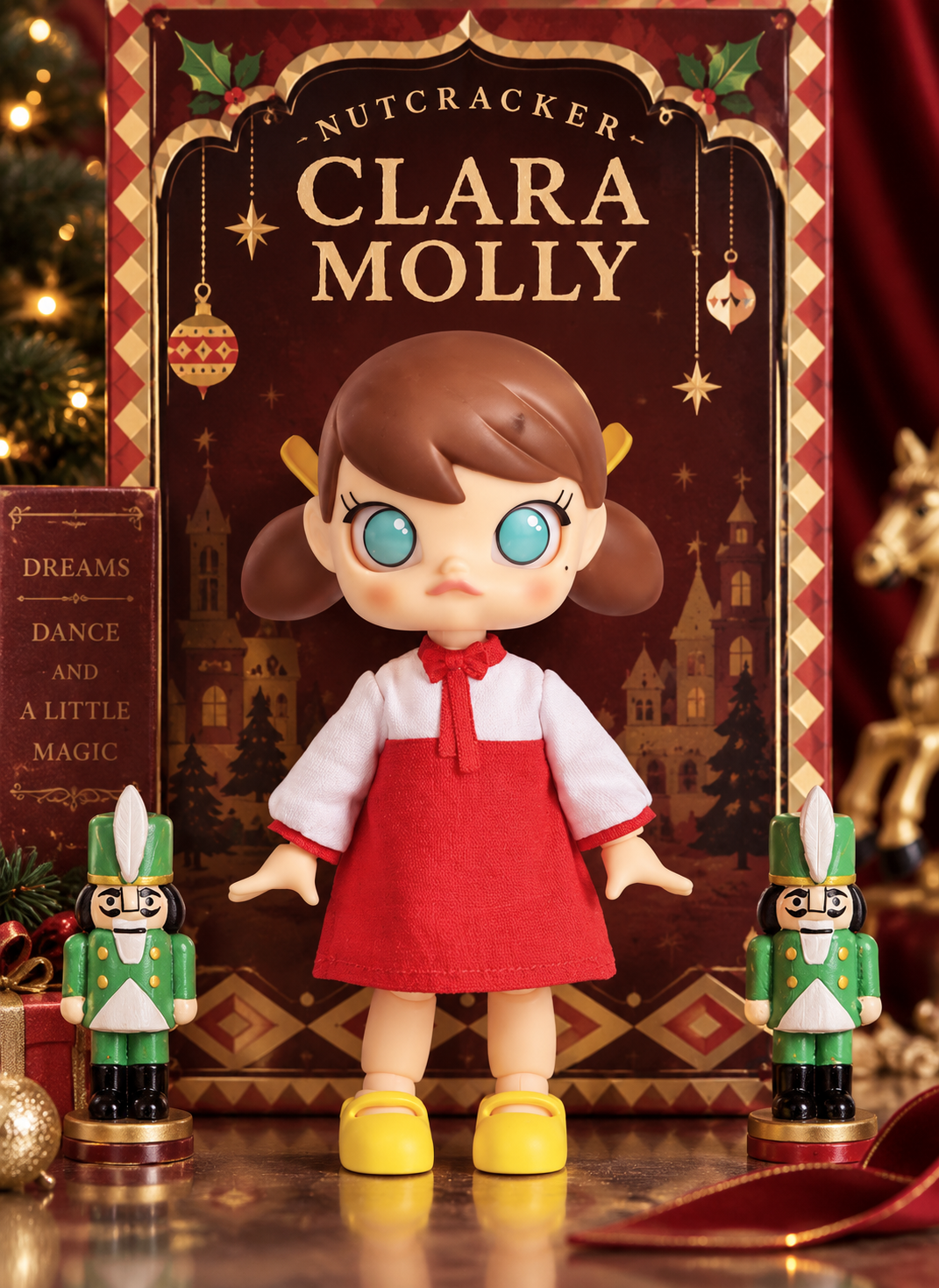 POP MART Clara Molly Nutcracker BJD doll displayed with toy soldiers and festive Nutcracker backdrop