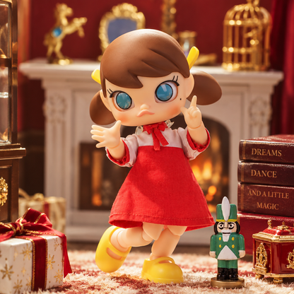 Clara Molly articulated BJD doll posed beside Nutcracker soldier in warm vintage fireplace display