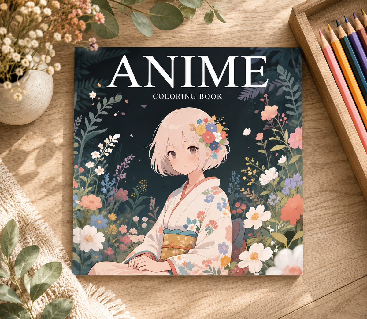Anime colouring book with floral girl cover displayed with coloured pencils on a decorative tabletop.