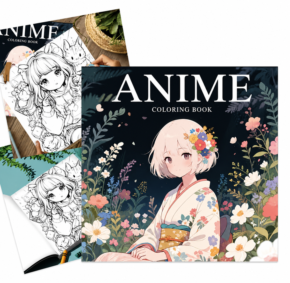 An anime coloring book cover featuring a seated girl in a floral kimono with the title 'ANIME COLORING BOOK' on a dark background. Partially visible behind it are black-and-white line-art pages of the same coloring book and a paintbrush on a tabletop.