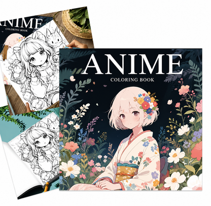 An anime coloring book cover featuring a seated girl in a floral kimono with the title 'ANIME COLORING BOOK' on a dark background. Partially visible behind it are black-and-white line-art pages of the same coloring book and a paintbrush on a tabletop.