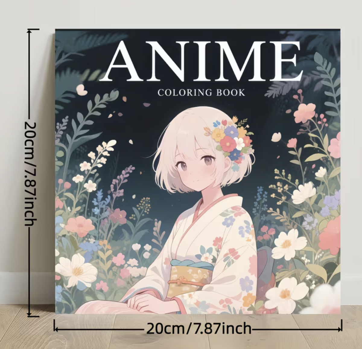 Anime colouring book with floral kimono girl cover, 24 pages, square 20 cm format.