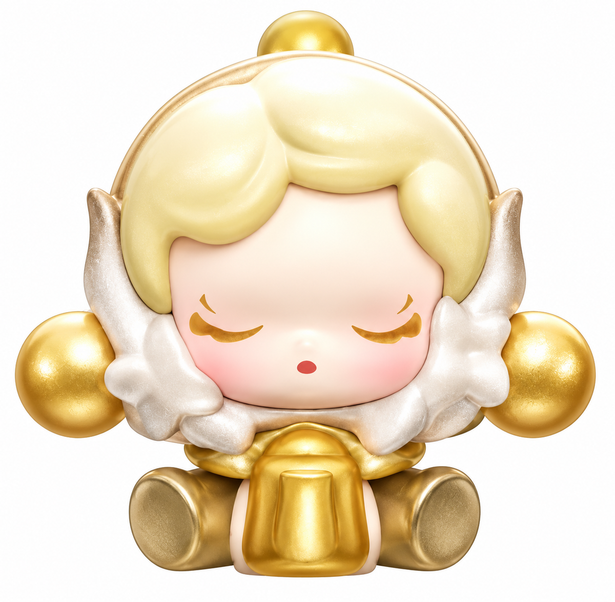 Pop Mart SKULLPANDA POP BEAN Petals in Four Acts Chronos' Gardener secret figure featuring golden-blonde hair, closed eyes and pearlescent white and gold detailing.