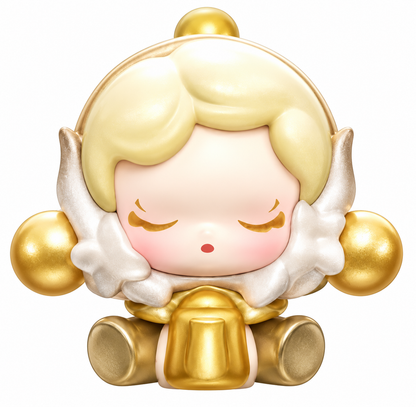 Pop Mart SKULLPANDA POP BEAN Petals in Four Acts Chronos' Gardener secret figure featuring golden-blonde hair, closed eyes and pearlescent white and gold detailing.