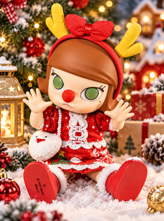 POP MART Christmas Reindeer Molly collectible doll seated in a festive Christmas setting with reindeer antlers, red winter outfit and matching boots.