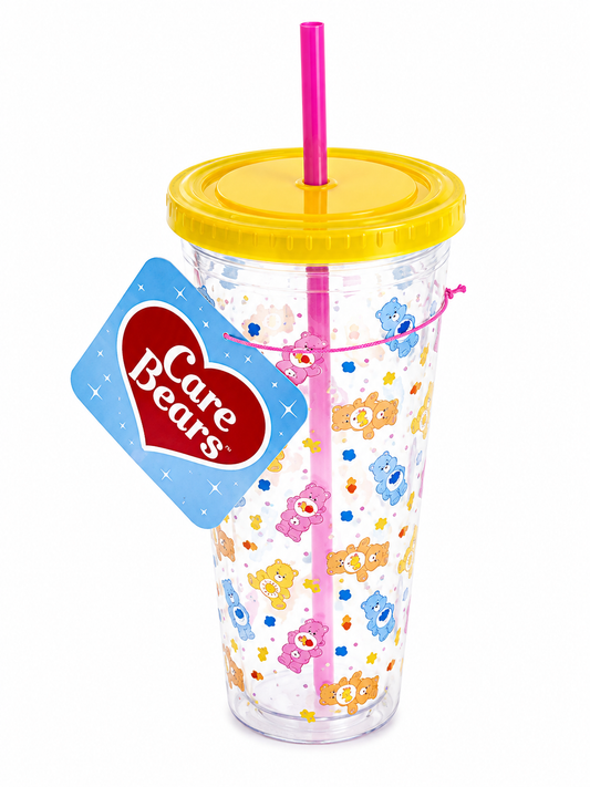 Care Bears 650ml clear tumbler with yellow lid and pink straw featuring colourful Care Bears print