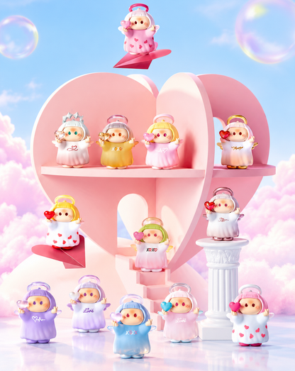 MINISO YOYO Cupid Ring Collection featuring 12 adorable pastel-coloured angel figures with halos, wings and heart accessories displayed around a large pink heart.