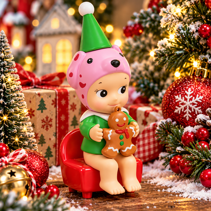 Sonny Angel Santa's Little Helper Dalmatian Christmas mini figure wearing a pink spotted animal hat and holding a gingerbread man beside festive decorations.