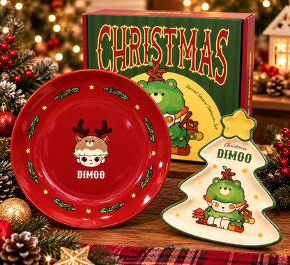 Pop Mart DIMOO Christmas collectible tableware set displayed with festive decorations, featuring two illustrated plates and original packaging.