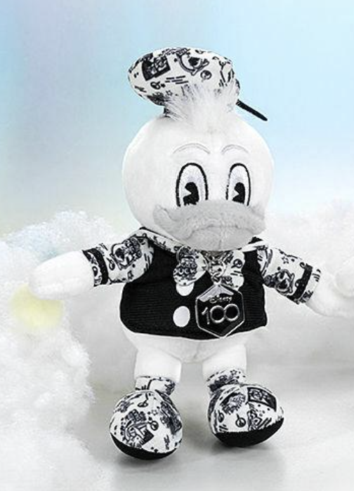 Potdemiel Disney 100 Retro Revival Series Donald Duck plush pendant wearing a black-and-white patterned sailor outfit, matching hat and shoes with Disney 100 anniversary emblem.