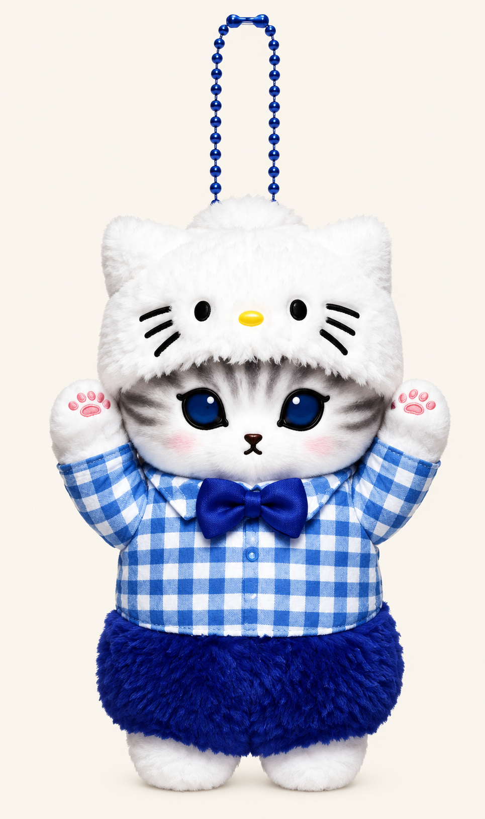 Mofusand grey cat plush keychain dressed as Dear Daniel in a blue gingham outfit with bow