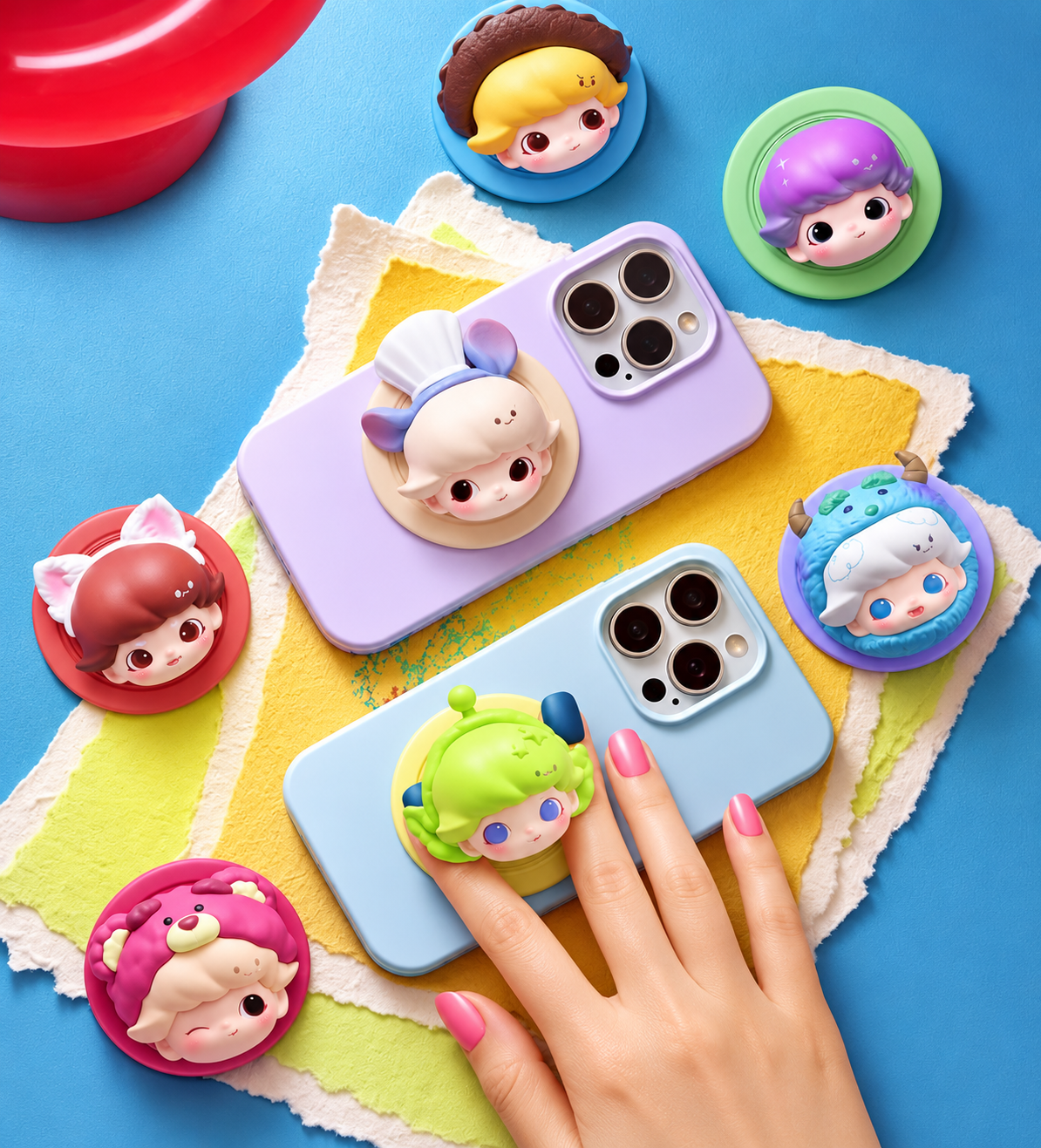 Pop Mart DIMOO WORLD × PIXAR magnetic phone holders displayed on pastel smartphones, showing collectible character phone grips.