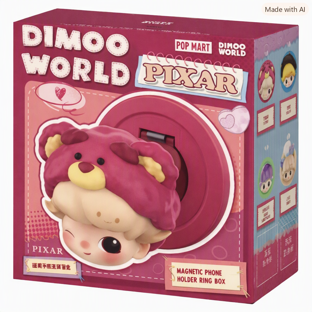 Pop Mart DIMOO WORLD × PIXAR magnetic phone holder blind box featuring Lotso-inspired DIMOO character.
