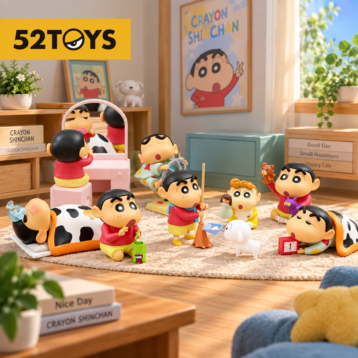52TOYS Crayon Shin-chan Daily Series 1 collectible figures displayed together in everyday scenes