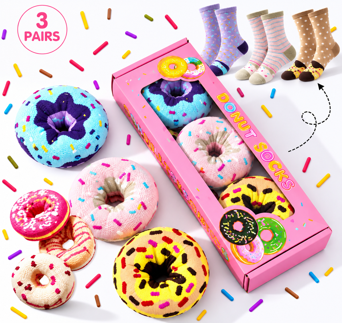 Kawaii donut socks Christmas gift set featuring three pairs of colourful novelty socks rolled into doughnut shapes, presented in a pink gift box.