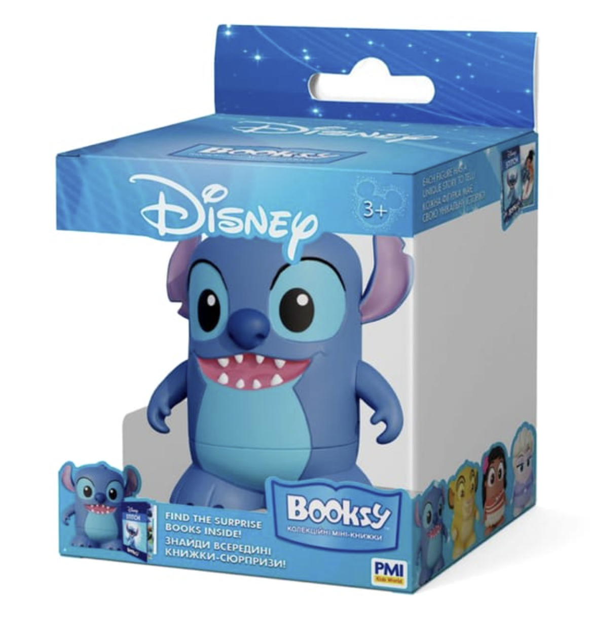 Disney Stitch Booksy Tiny Book Collectible by PMI Kids' World in original blue Disney window display packaging, featuring the smiling Stitch figure with large ears and turquoise belly.