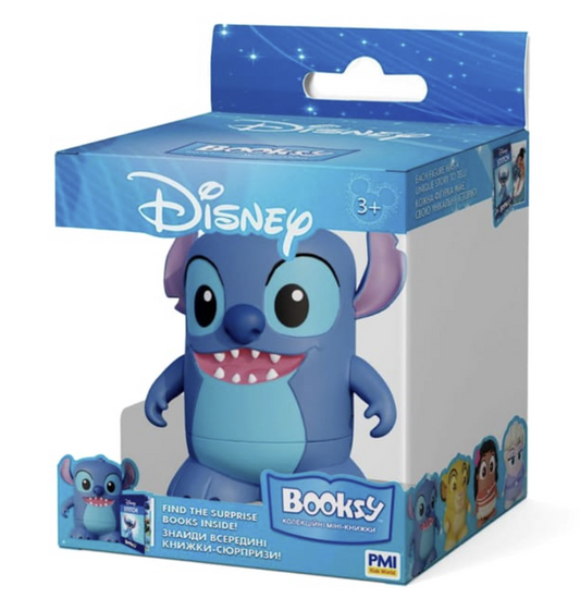Disney Stitch Booksy Tiny Book Collectible by PMI Kids' World in original blue Disney window display packaging, featuring the smiling Stitch figure with large ears and turquoise belly.