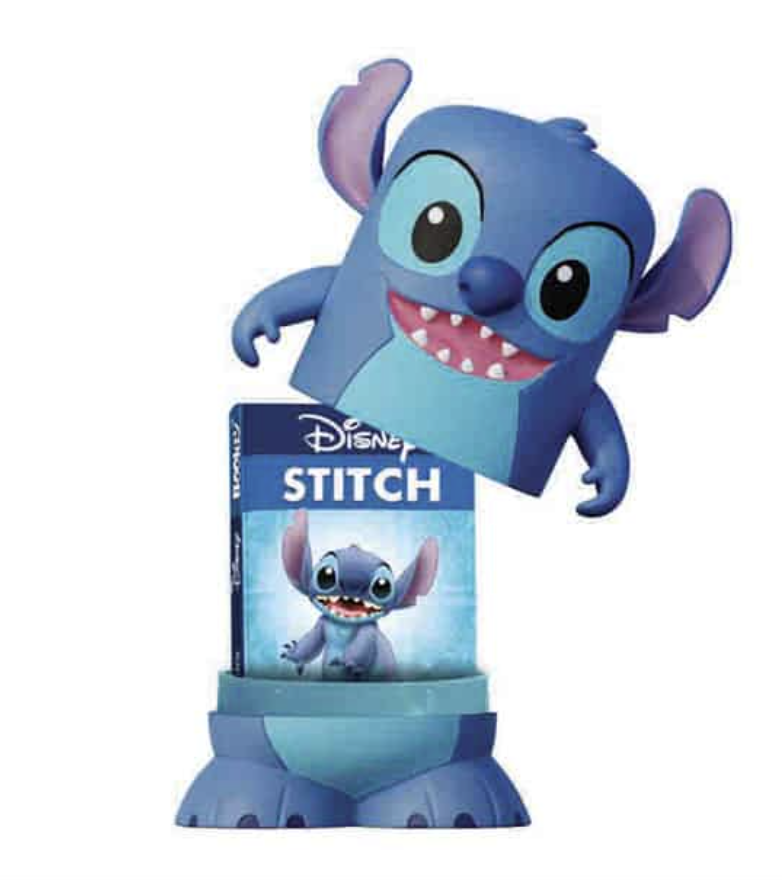 Disney Stitch Booksy collectible figure opened to reveal a miniature illustrated Stitch storybook hidden inside the character's body.