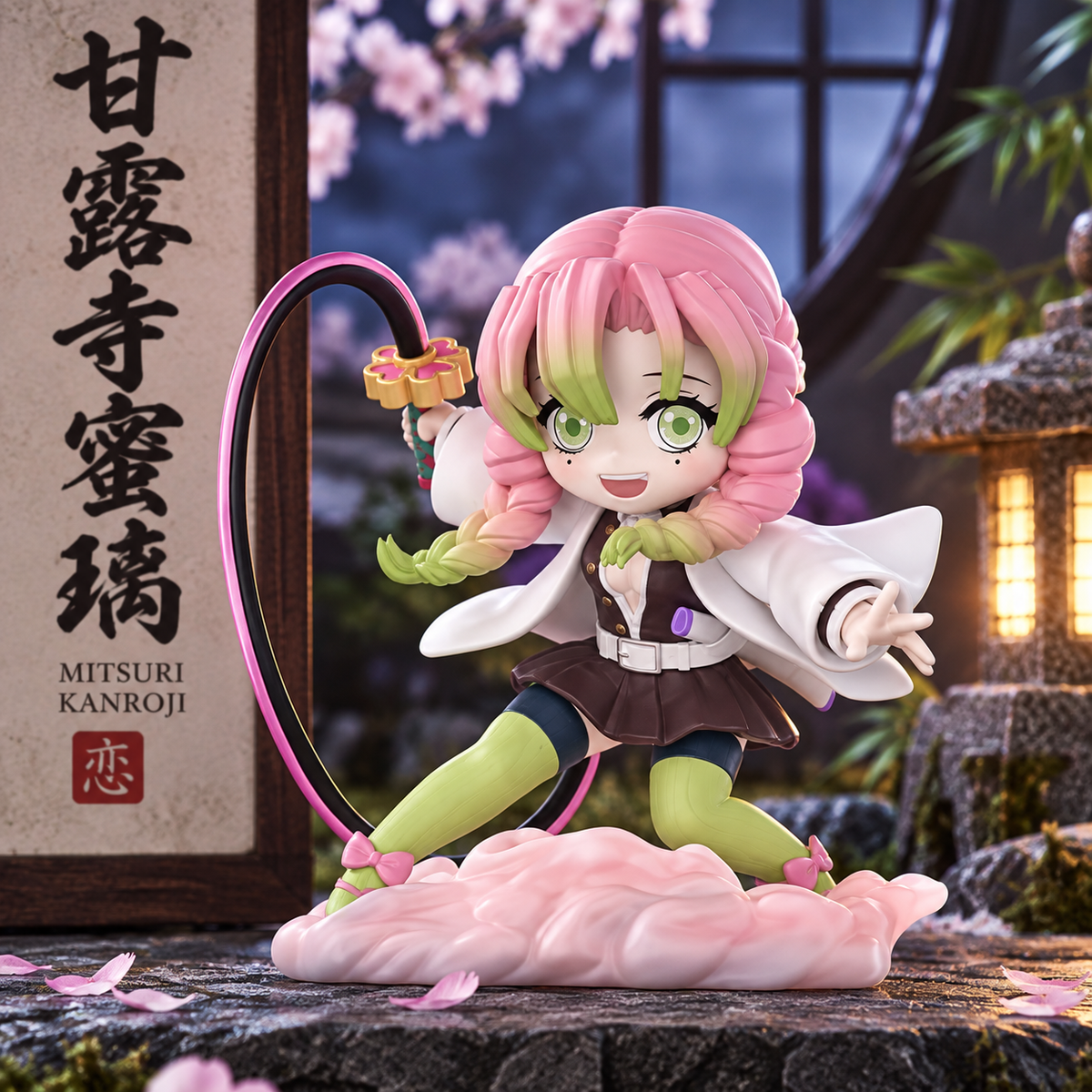 POP MART Demon Slayer Battle Series Mitsuri Kanroji figure displayed against a Japanese garden themed background