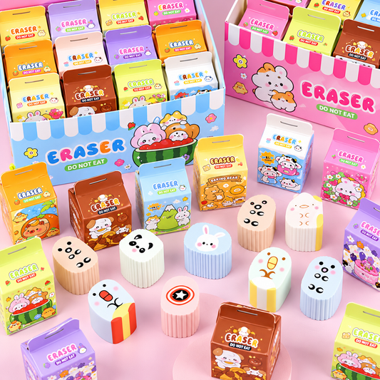 Kawaii mystery eraser blind boxes featuring colourful mini packaging and cute animal and food-shaped novelty erasers in assorted pastel colours.