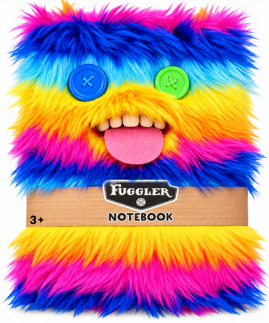 Close-up of Fuggler Oogah Boogah Rainbow Notebook showing vibrant rainbow fur, mismatched button eyes, visible teeth, pink tongue and Fuggler Notebook branding.