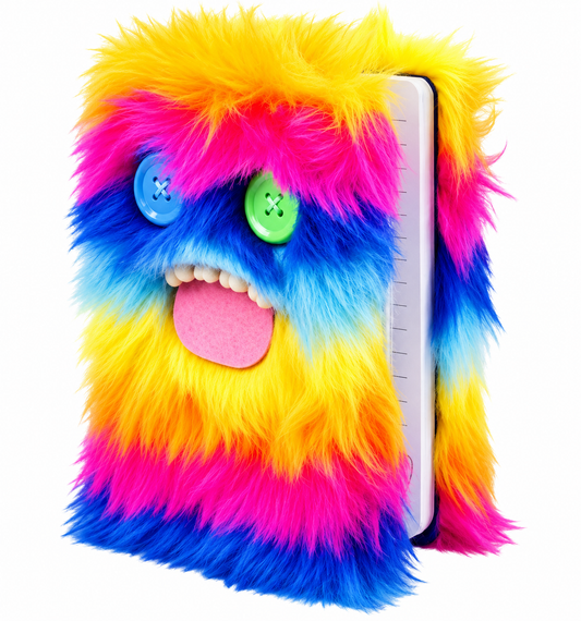 Fuggler Rainbow Fluffy Notebook standing upright against a white background, showing its colourful furry monster face, button eyes, teeth, pink tongue and lined pages inside.