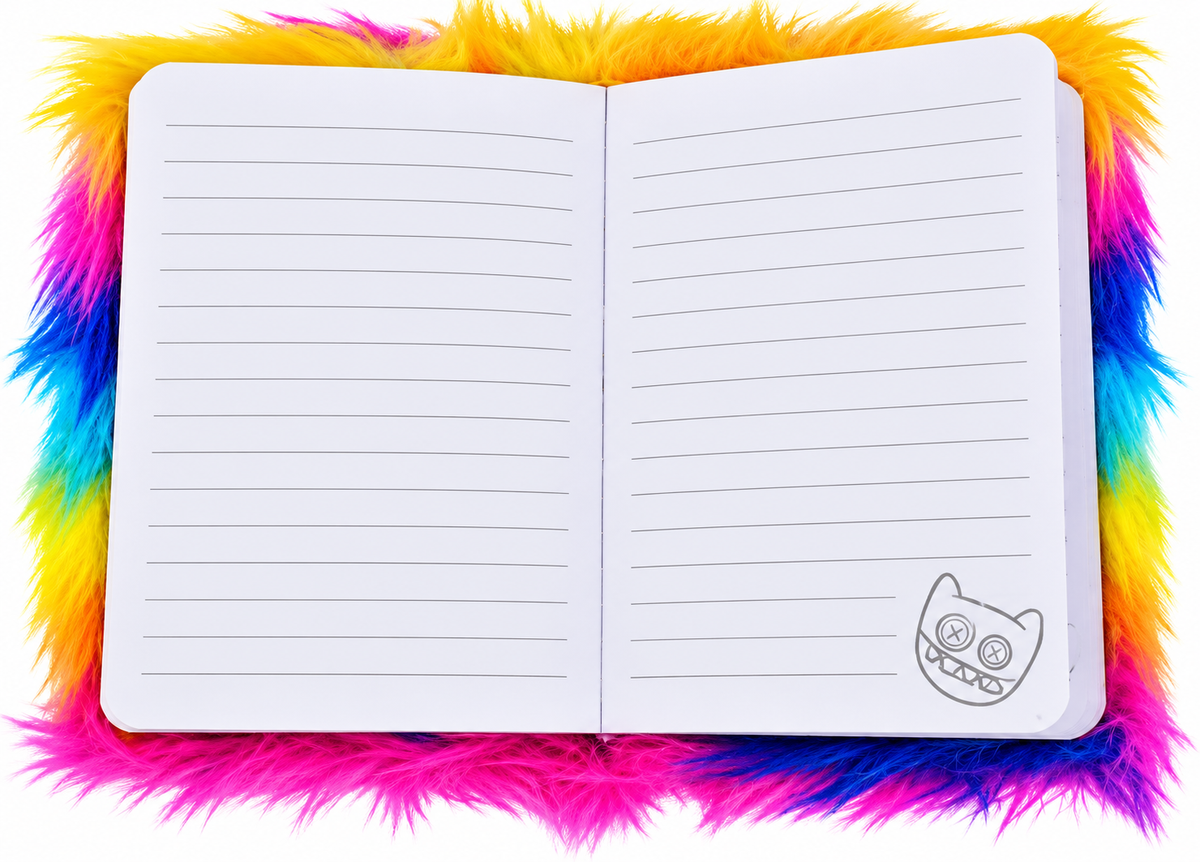 Open Fuggler Rainbow Fluffy Notebook showing lined writing pages, colourful faux-fur edges and a small Fuggler monster illustration in the bottom corner.
