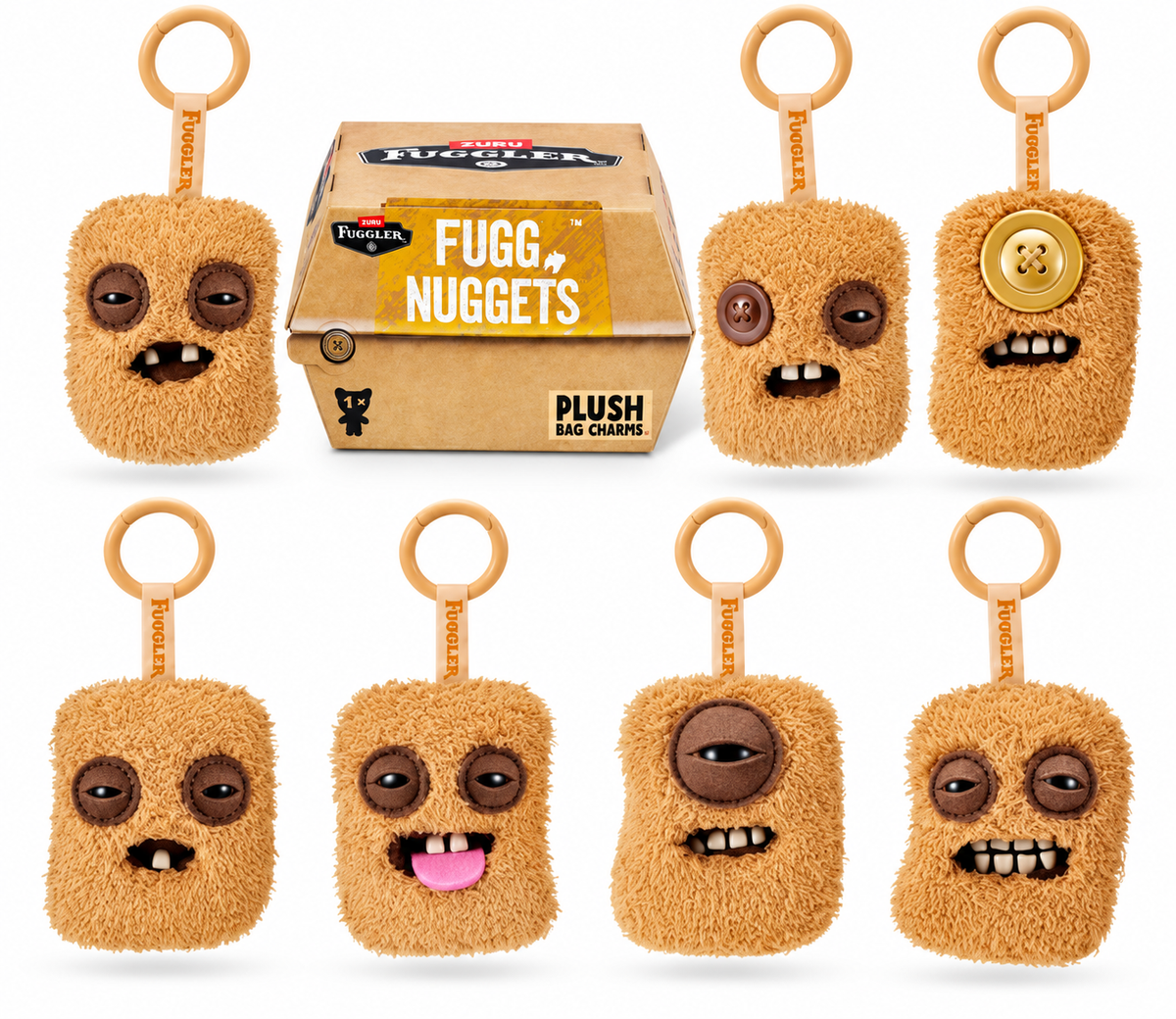 ZURU Fuggler Fugg Nuggets collection featuring six fluffy monster plush bag charms with different facial expressions and mystery box packaging.