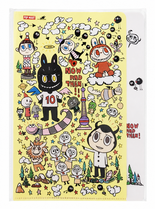 Sealed POP MART The Monsters 10th Anniversary Now and Then A4 file folder with yellow Labubu artwork on a white background