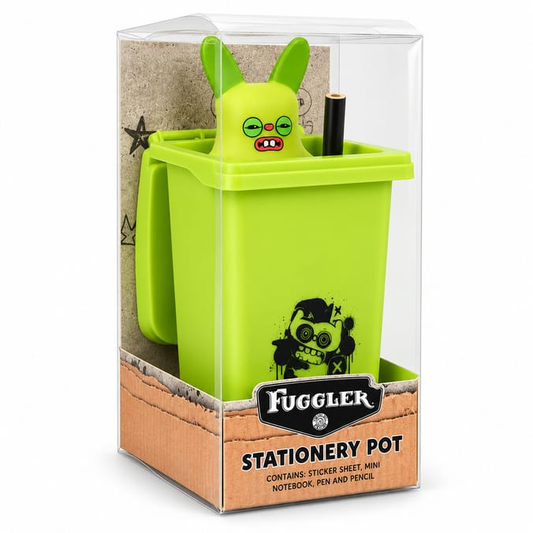 Fuggler green rabbit stationery gift set in clear display packaging, featuring a bright lime-green wheelie bin stationery pot with novelty pen, pencil, mini notebook and stickers.