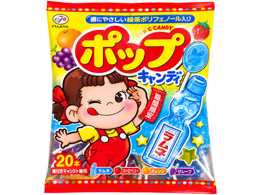 Fujiya Peko-chan Pop Candy Japanese lollipops 20-pack featuring colourful limited-edition ramune soda packaging with Peko-chan character.