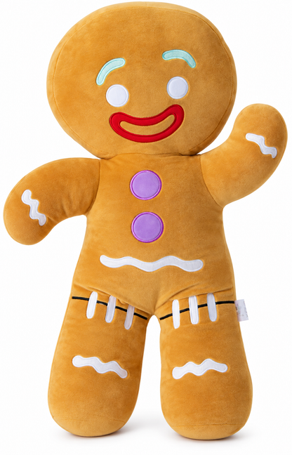30cm Gingy Gingerbread Man plush toy with colourful buttons, embroidered icing decorations and gold hanging loop.
