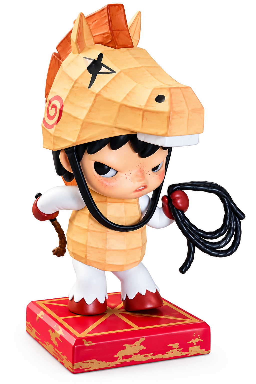 Pop Mart Hirono Luck on the Way figure from The Golden Gallop Series wearing a horse costume and holding coiled reins on a red decorative base.