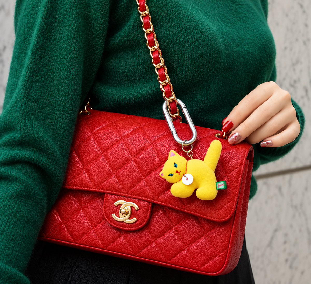 Yellow Gyunyuya Japanese artist cat mascot attached to a red quilted Chanel handbag, demonstrating the collectible figure as a stylish bag charm.