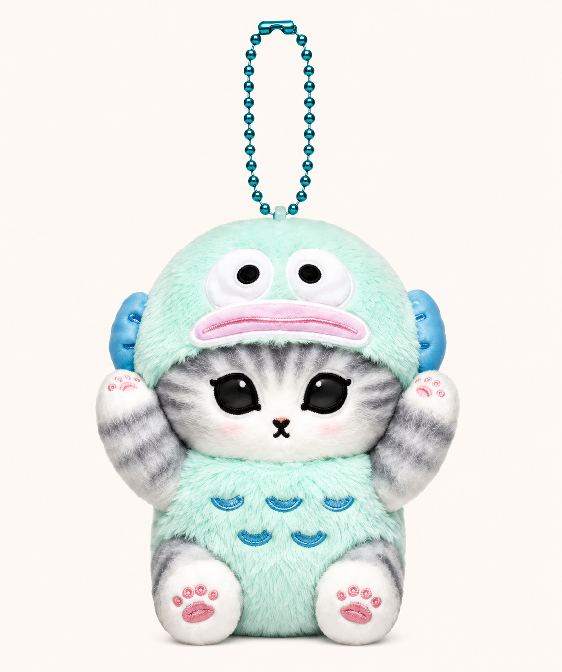 Mofusand cat plush keychain wearing a mint green Hangyodon character costume