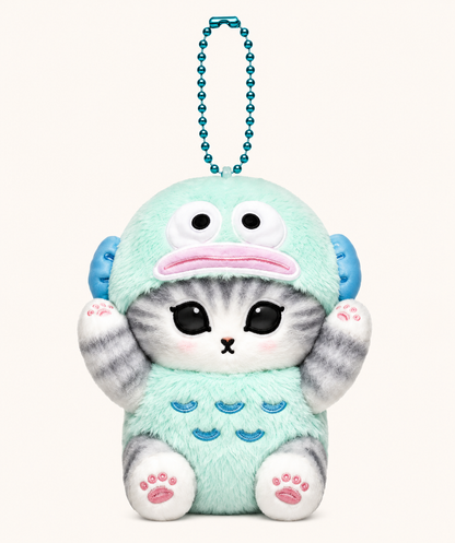 Mofusand cat plush keychain wearing a mint green Hangyodon character costume