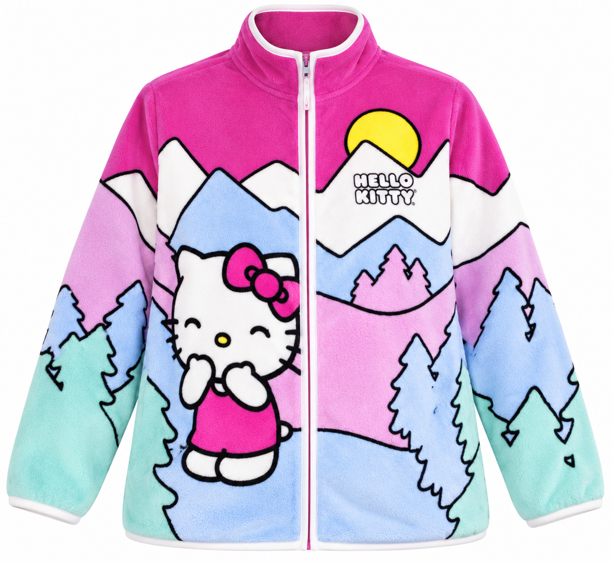 Hello Kitty Sanrio mountain landscape fleece jacket in raspberry pink, pastel blue, lilac and mint green, size XXL.