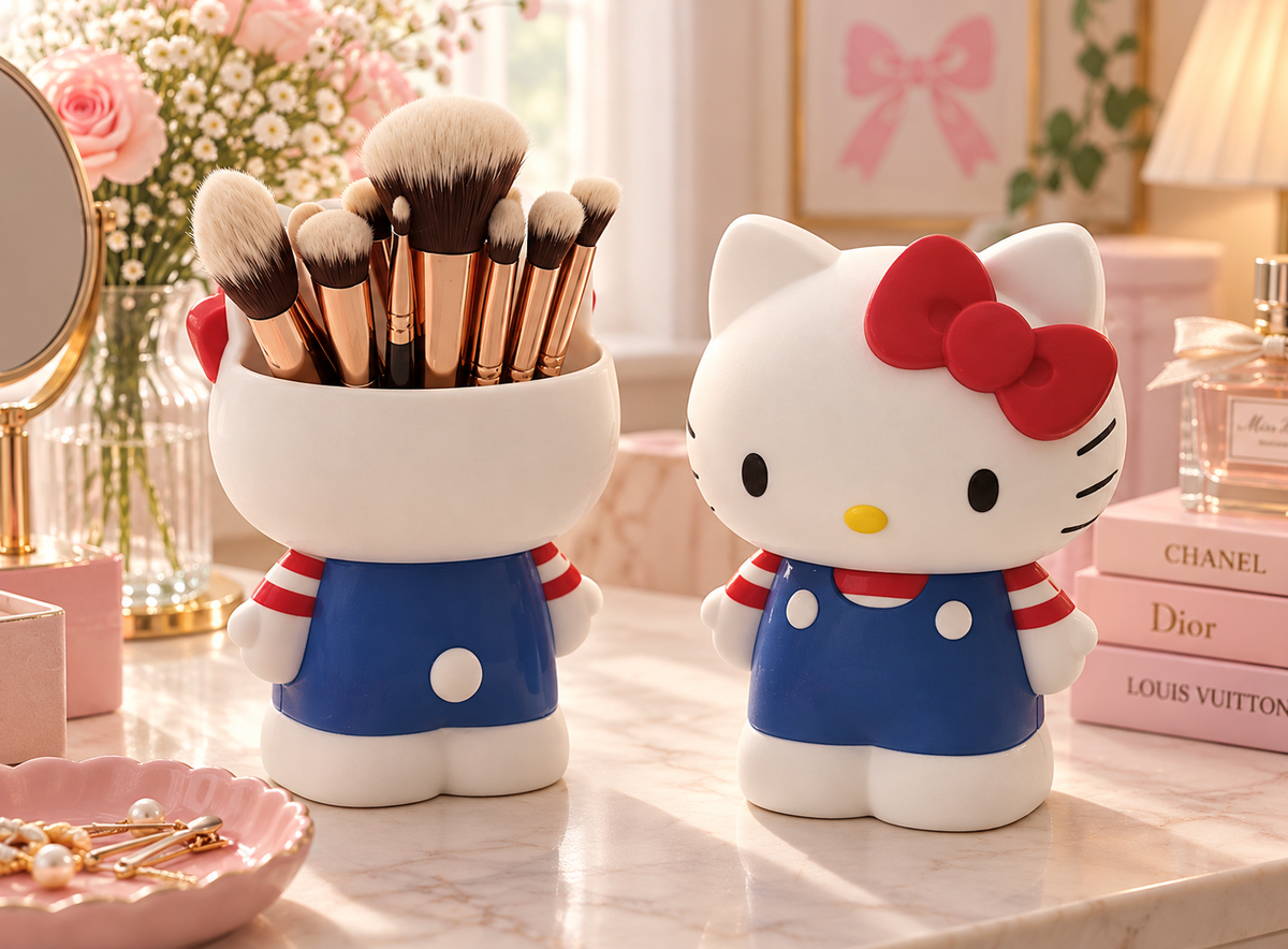 Hello Kitty makeup brush holder displayed on a pastel pink dressing table surrounded by beauty accessories, flowers and makeup brushes.