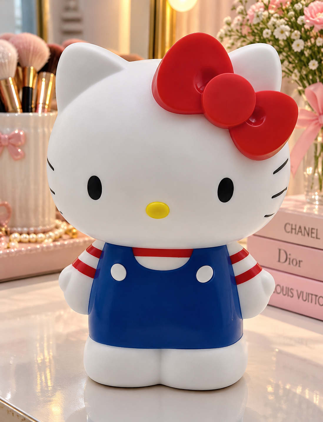 Hello Kitty makeup brush holder approximately 13cm tall, featuring a red bow, blue dungarees and red-and-white striped sleeves.
