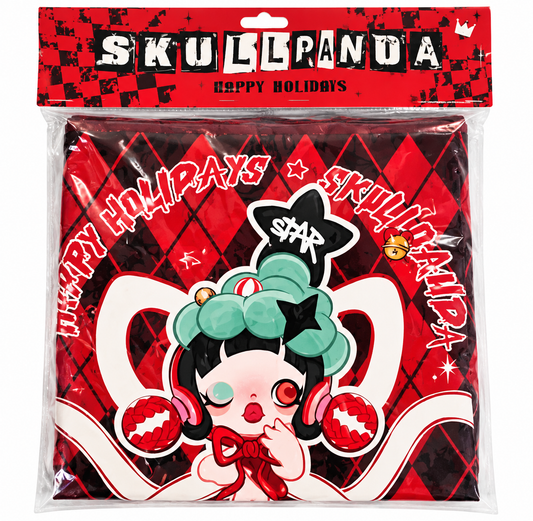 POP MART SKULLPANDA Happy Holidays Christmas table runner in original packaging featuring festive red and black artwork with SKULLPANDA character illustration.