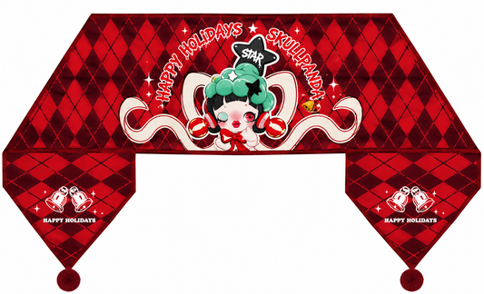POP MART SKULLPANDA Happy Holidays Christmas table runner featuring red and black diamond patterns, festive SKULLPANDA artwork, Christmas bells and pointed ends with red pom-poms.