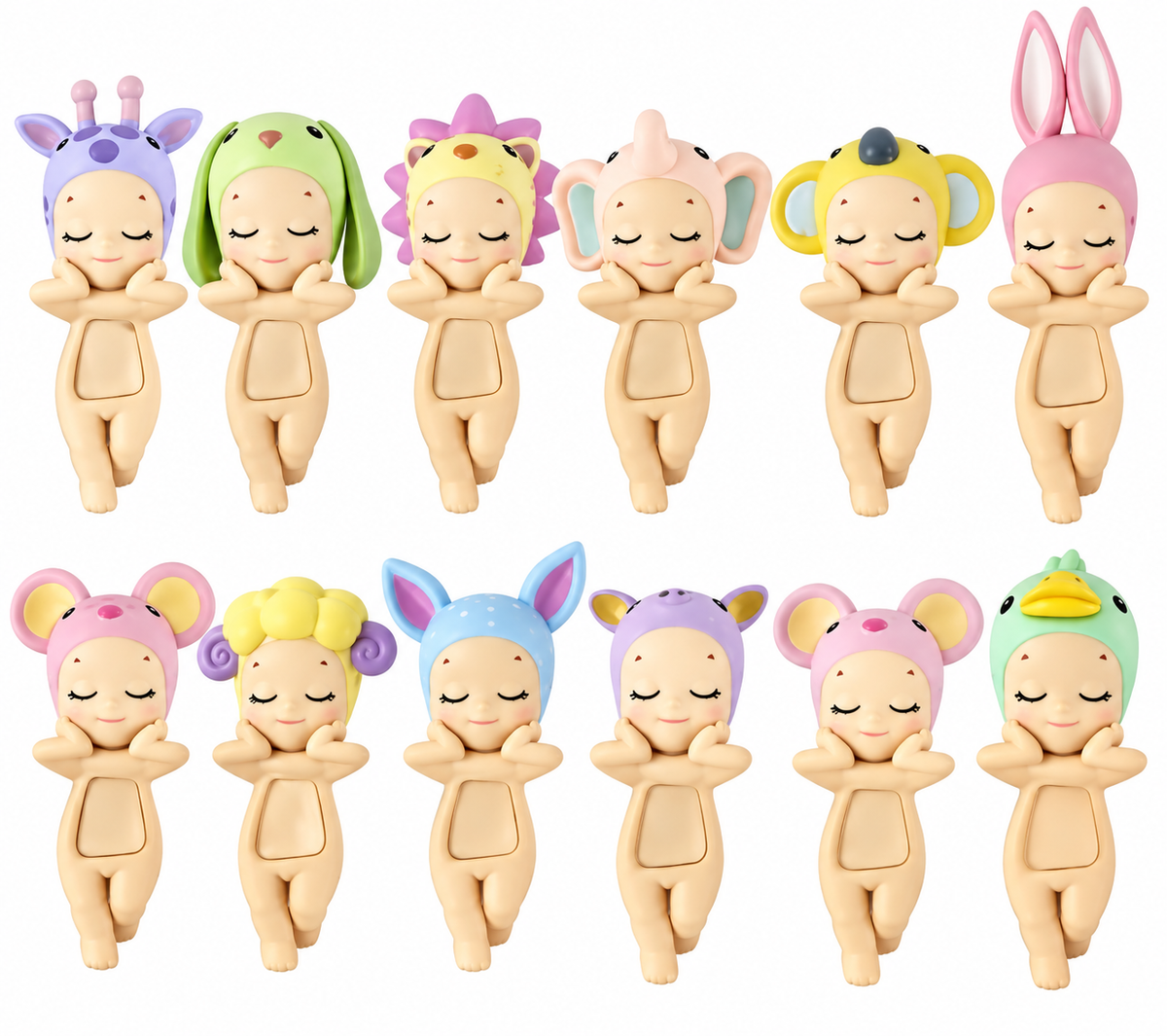 Sonny Angel HIPPERS Dreaming Series full line-up of 12 pastel animal figures including Duck, Rabbit, Elephant and Giraffe on white background